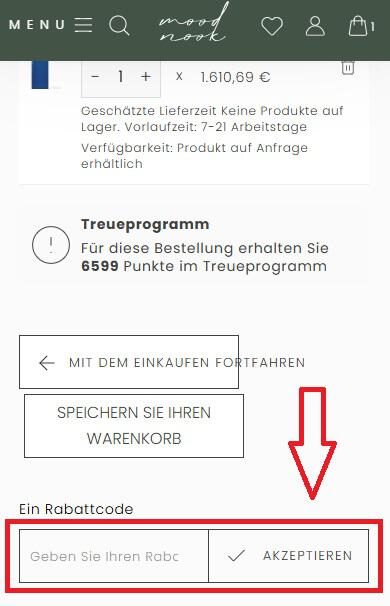 Screenshot vom Eingabefeld mit Hinweis darauf, wo du den Mood Nook Gutschein einlösen kannst