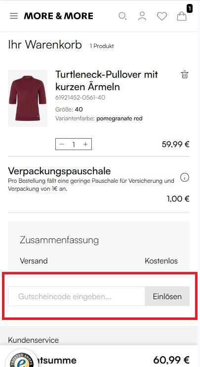 Warenkorbansicht im Online Shop mit Eingabefeld für einen More & More Gutscheincode