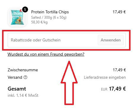 Screenshot vom Eingabefeld mit Hinweis darauf, wo du deinen More Gutschein einlösen kannst