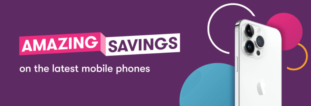 More ways to save at Reward Mobile banner featuring iPhone on a purple background. Text says amazing savings on the latest mobile phones