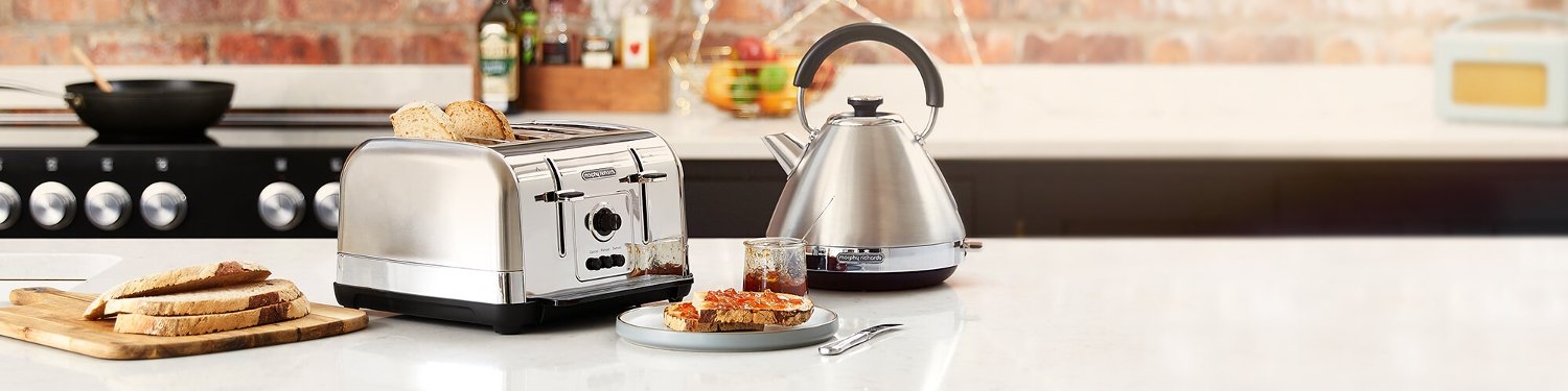 Morphy Richards kettle and toaster in silver metal on a kitchen counter