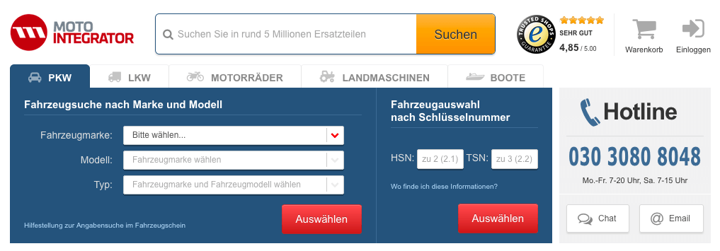 Motointegrator Suchmaske für PKW Ersatzteile im Online-Shop