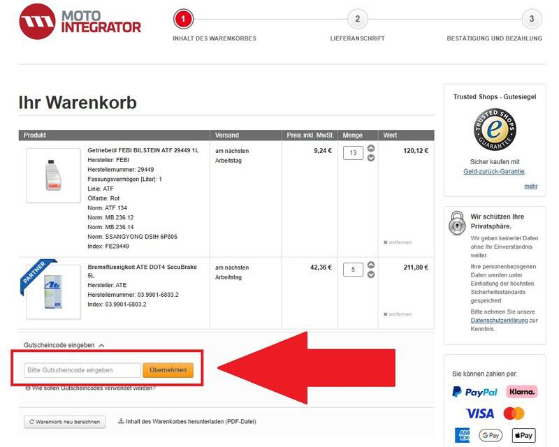 Eingabefeld für den Motointegrator Gutschein im Warenkorb