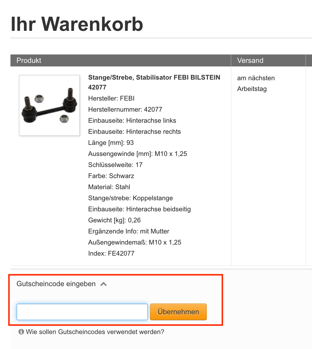 Eingabefeld für den Motointegrator Gutschein im Warenkorb