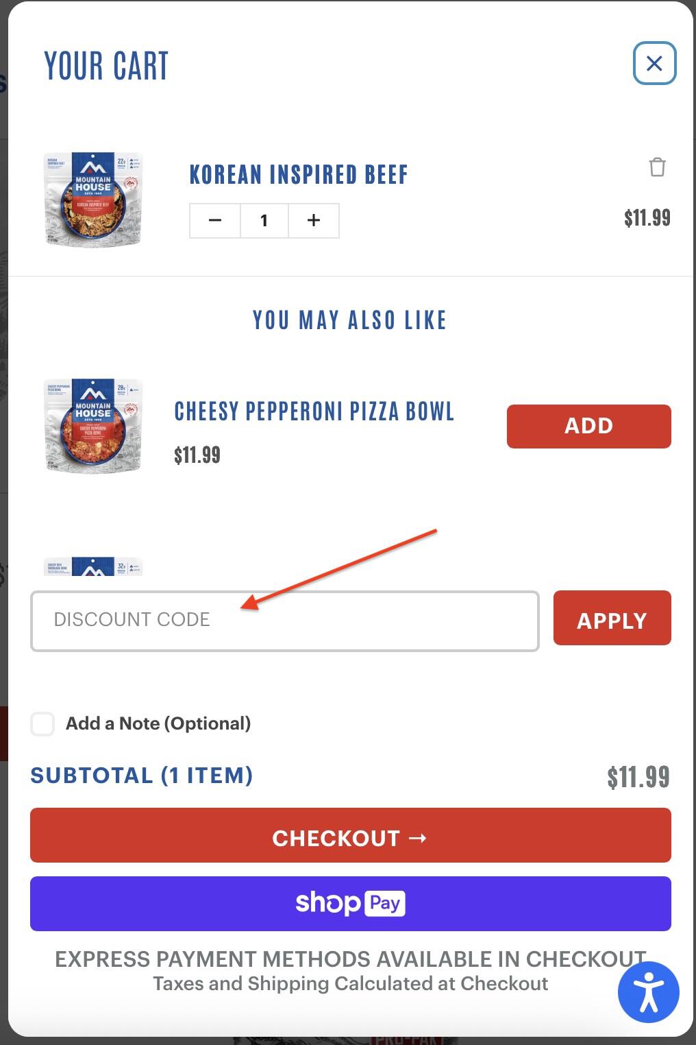 Mountain House coupon box on checkout page