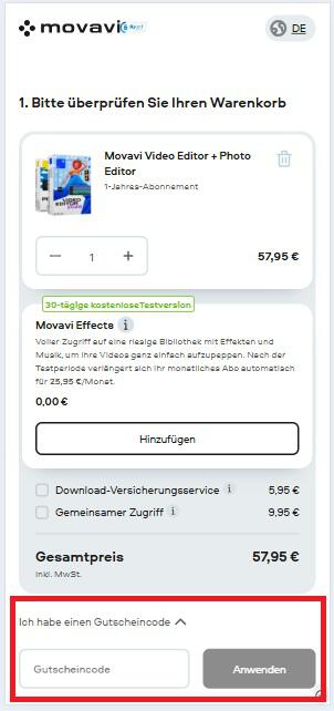Eingabefeld für einen Movavi Gutscheincode