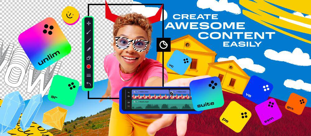 Movavi video editor banner advert. Text reads: Create awesome content easily