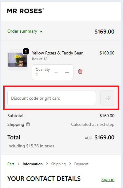 Mr Roses discount code box at checkout