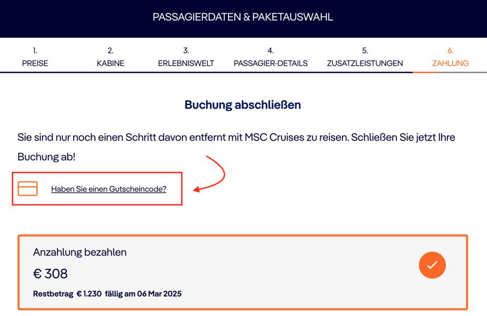 Screenshot aus dem Buchungsvorgang mit Link zum einlösen deines MSC Kreuzfahrten Gutscheins