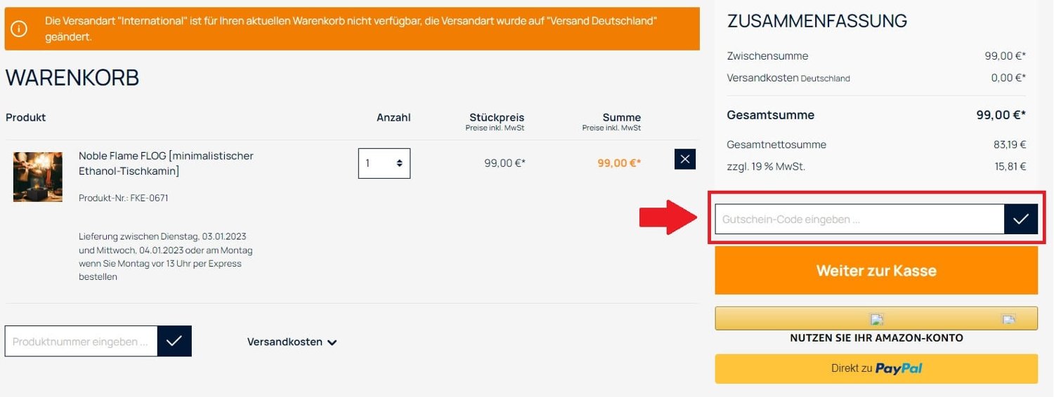 Warenkorbansicht im Online Shop mit Eingabefeld zum Einlösen für einen Muenkel Gutschein