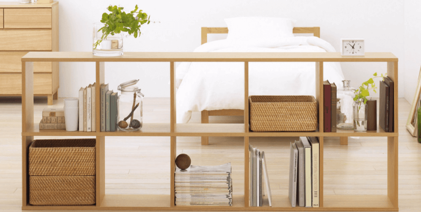 MUJI deals page image - A storage unit with accessories in a bedroom setting