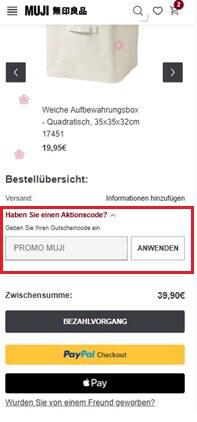 Screenshot vom Warenkorb mit Eingabefeld für Muji Rabattcode