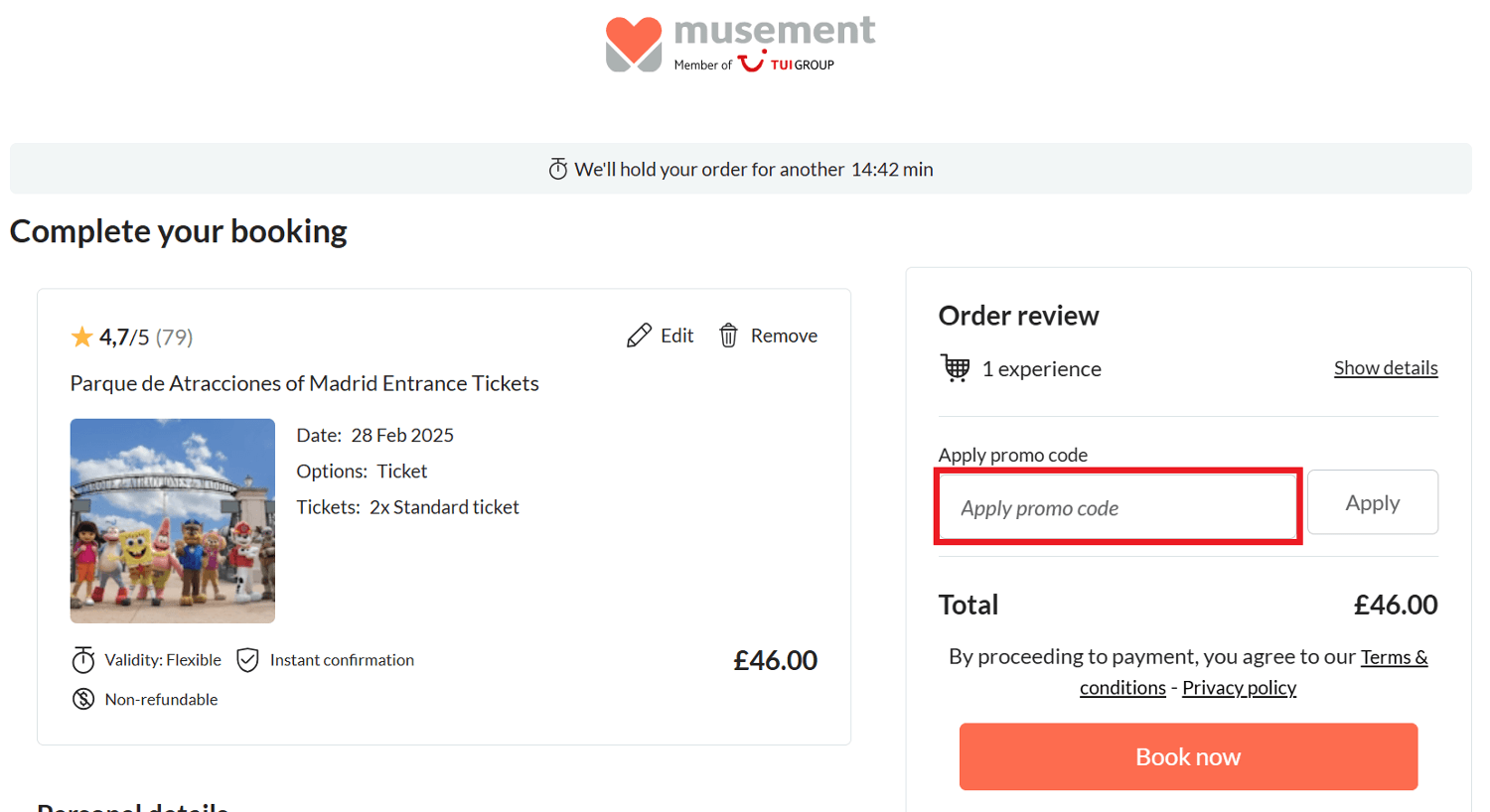 Musement discount code box in shopping cart