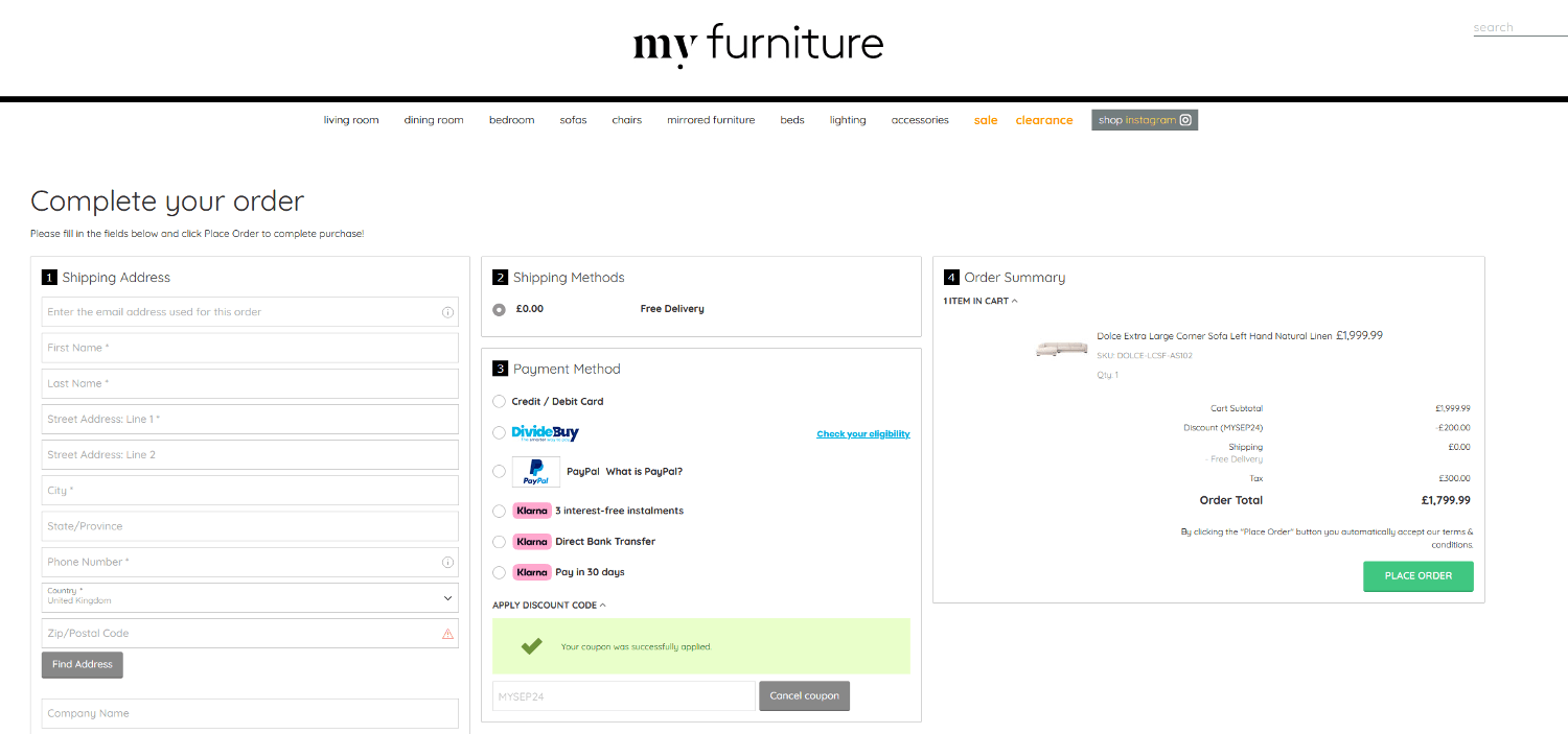 Screenshot of the My Furniture discount code box at checkout on the My Furniture website