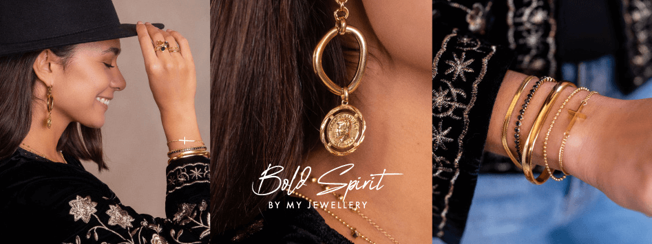 Banner für die My Jewellery Gutscheinseite mit Fotos von Ohrringen, Armbändern und Ringen an Model