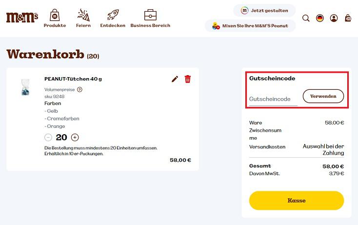 Screenshot aus dem Warenkorb, wo du den My M&M&apos;s Gutscheincode einlösen kannst
