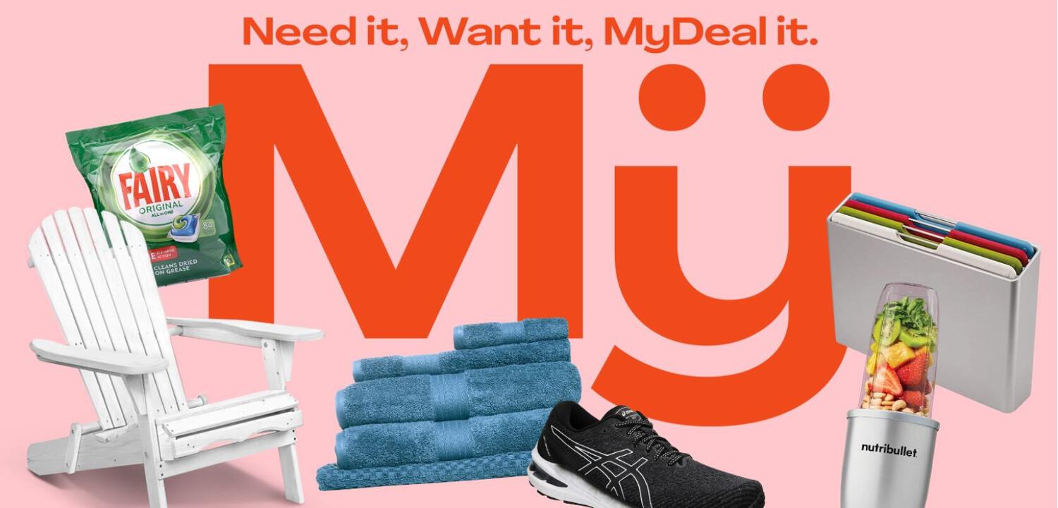 MyDeal promotions page banner showing a pink banner with a selection of products that the brand sells