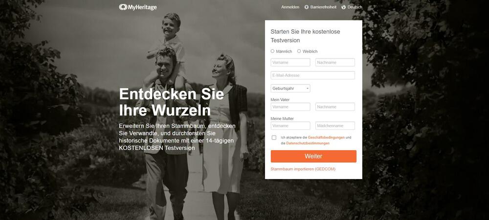 Screenshot vom Anmeldebildschirm für den 14-tägigen Gratis-Zeitraum von MyHeritage