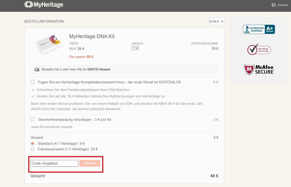 Warenkorbansicht mit Eingabefeld für MyHeritage Rabattcode