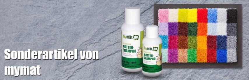 eine Farbmuster-Fußmatte und Mattenshampoo als Werbung für die mymat.de Sonderartikel