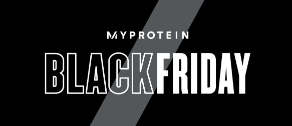 Myprotein Black Friday deals banner showing the company logo on black background alongside the words black friday