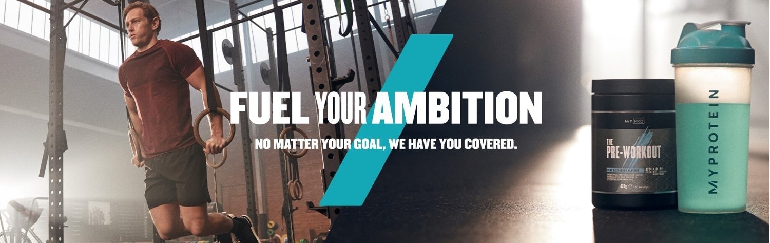 Myprotein discount guide banner - Man working out alongside a shaker and tub of protein