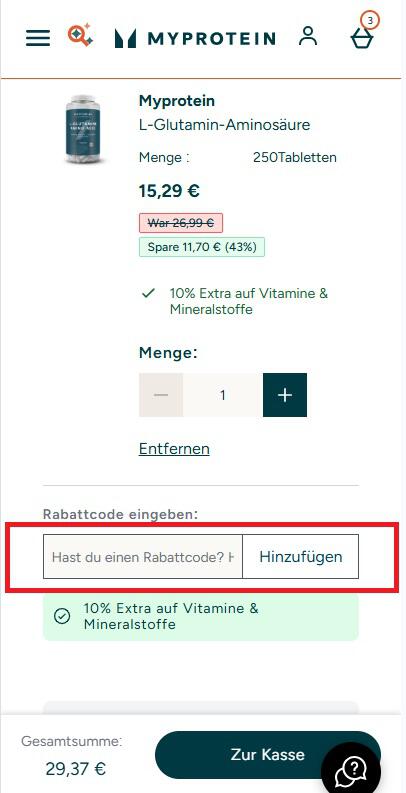 Eingabefeld für einen MyProtein Rabattcode