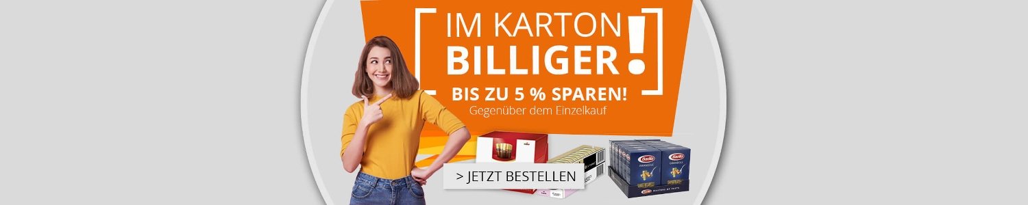 Banner für den myTime-Mengenrabatt, der bis zu 5 Prozent Ersparnis bietet, wenn du beispielsweise – wie auf dem Foto zu sehen – gleich einen ganzen Karton Merci oder Barilla-Nudeln kaufst