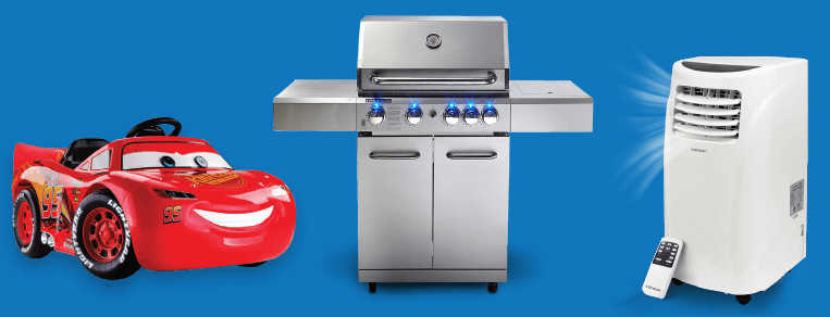 MyTopia deals page image - A selection of products against a blue background, including a toy car and air-conditioner