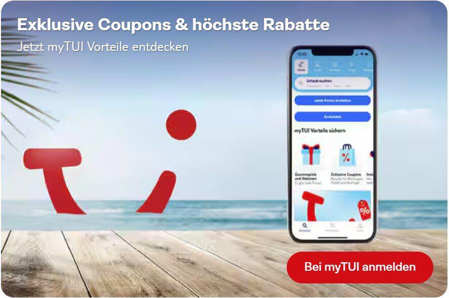 TUI Logo im Meer und Smartphone mit TUI App auf Banner für exklusive myTUI Gutscheine