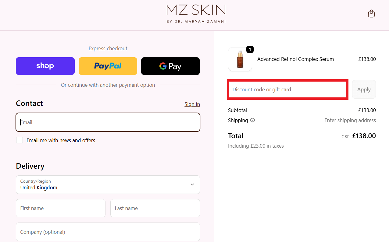 MZ Skin discount code box in shopping basket image