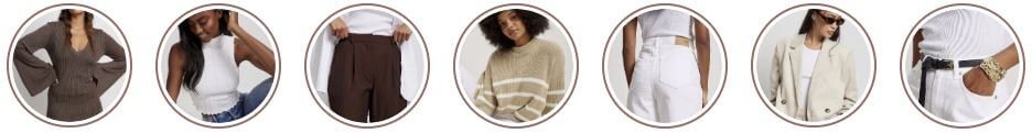 Banner für die NA-KD Gutscheinseite mit kreisförmigen Kategorie-Bildern für Kleider, Tops, Hosen, Pullover, Jeans, Blazer und Accessoires