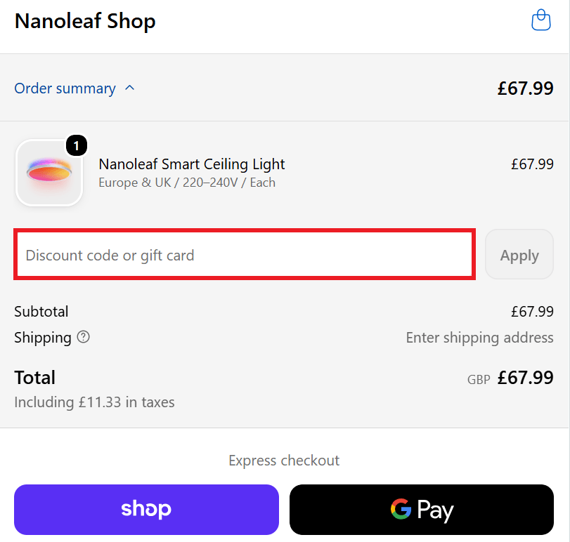Nanoleaf discount code box in shopping cart image