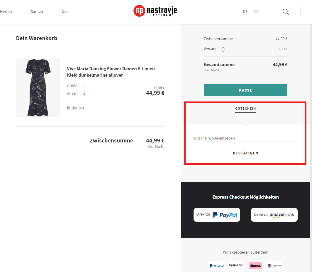 Warenkorbansicht mit Eingabefeld zum napo-shop-Gutschein-Einlösen
