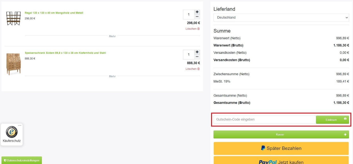 Eingabefeld zum Natur24-Gutschein einlösen in der Warenkorbübersicht des Online Shops
