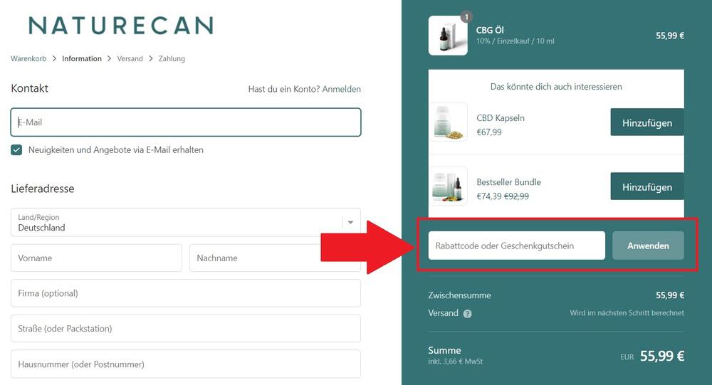 Eingabefeld für einen Naturecan Rabattcode