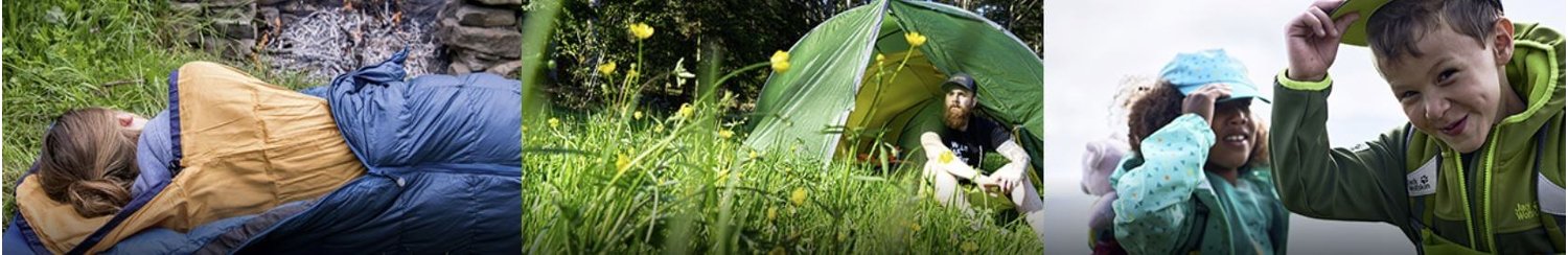 Banner für die Naturzeit Gutscheinseite mit Fotos von Mensch im Schlafsack, Mann im Zelt und Kindern in Outdoor-Kleidung