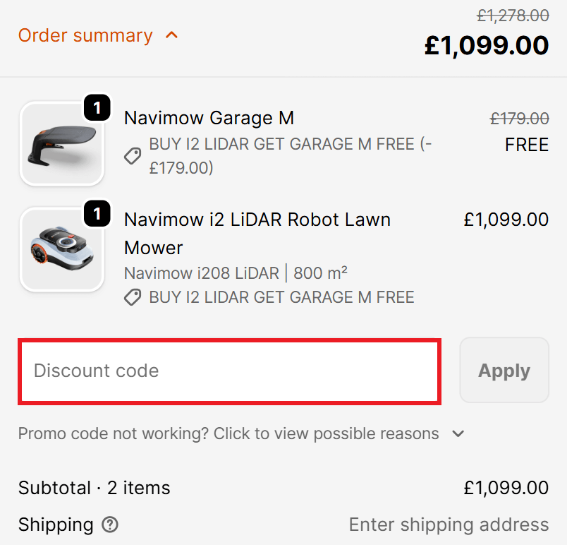 Navimow discount code box in shopping cart picture
