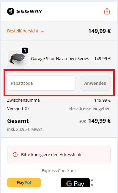 Eingabefeld für den Navimow Rabattcode