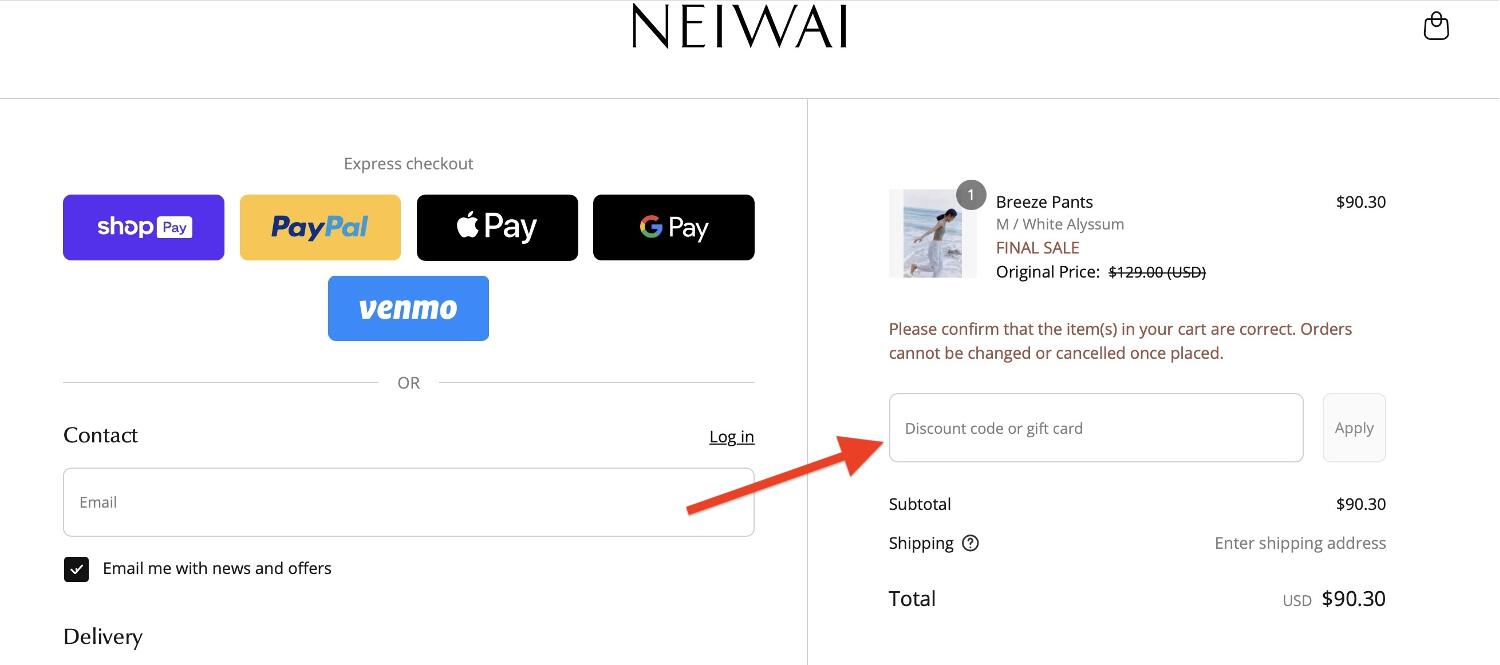 NEIWAI coupon box on checkout page