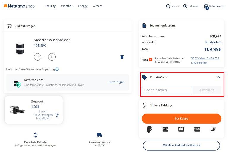 img: netatmo-gutschein-einloesen / alt: Screenshot aus dem Warenkorb mit Hinweis darauf, wo du den Netatmo Gutschein einlösen kannst.