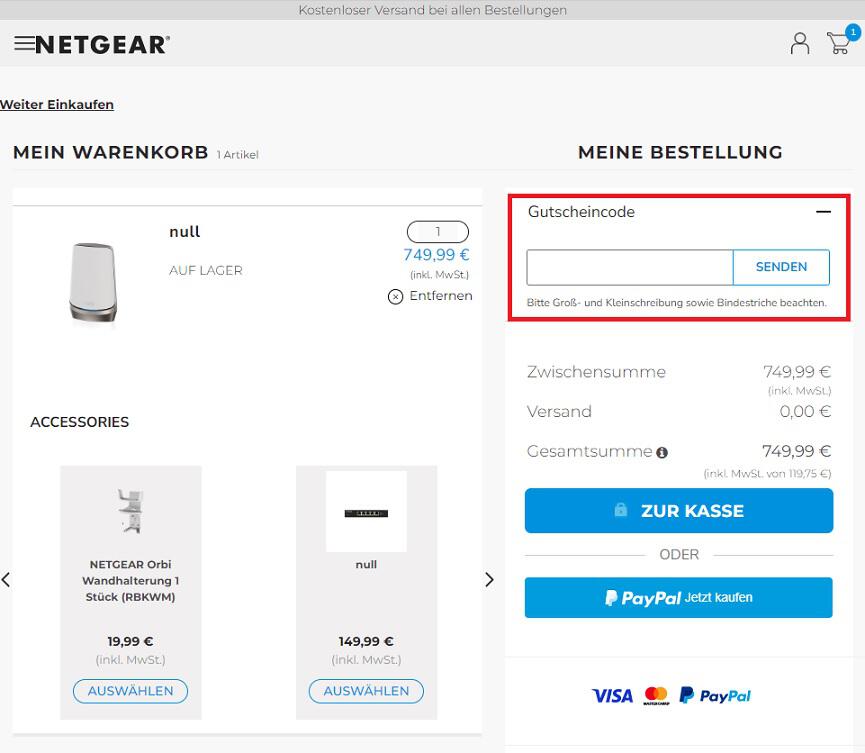 Screenshot aus dem Warenkorb mit Eingabefeld für den NETGEAR Gutschein