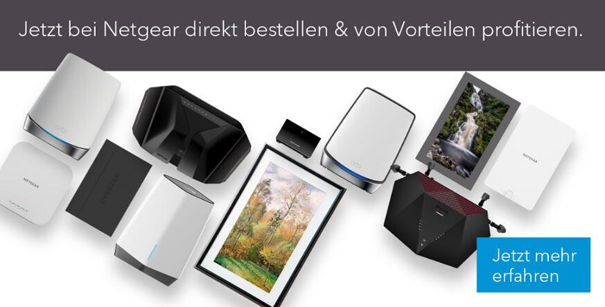 Router, Repeater und Meural Bilderrahmen als Banner für die NETGEAR Gutscheinseite
