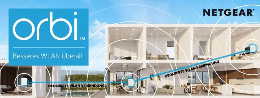 Ausschnitt eines Hauses, in dem die WLAN-reichbarkeit des NETGEAR Orbi dargestellt wird.