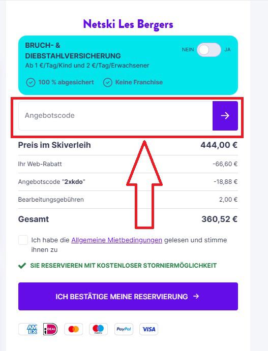Screenshot von der Bestellübersicht, um einen Netski Gutschein einzugeben
