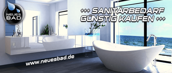 Banner von NeuesBad mit Bild eines Badezimmers und Schriftzug „Sanitärbedarf günstig kaufen“