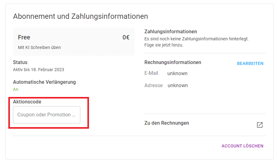 Screenshot vom Eingabefeld, in dem du einen neuroflash-Gutschein hinzufügen kannst
