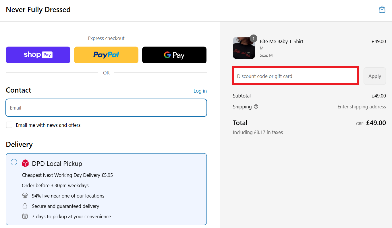 Never Fully Dressed discount code redemption box image