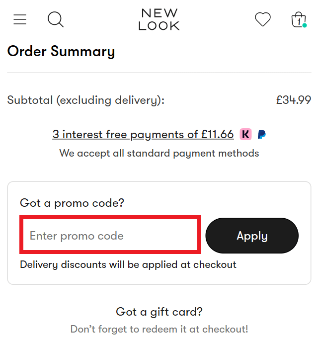 New Look discount code redemption box