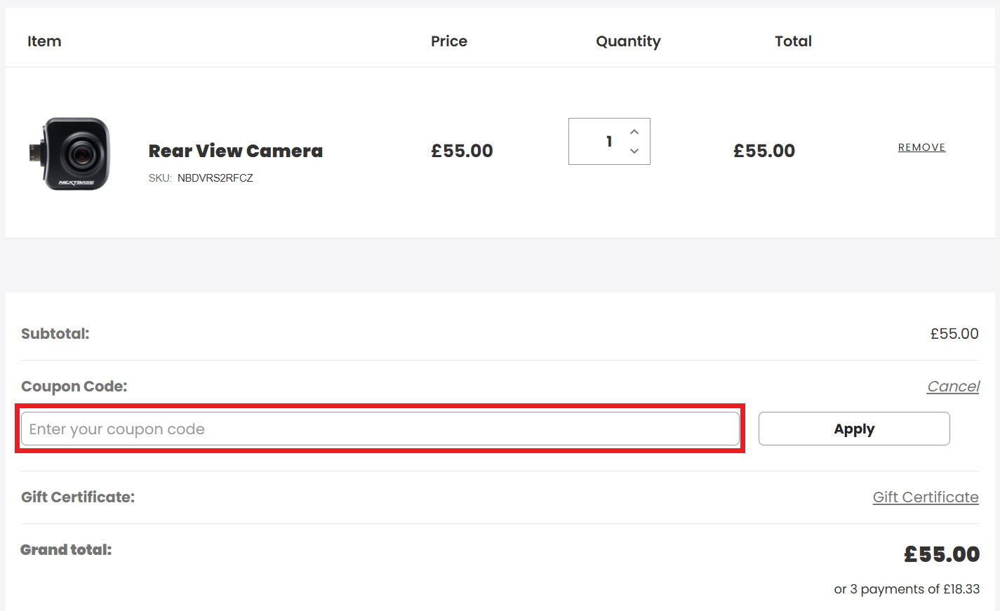 Nextbase discount code box in shopping cart